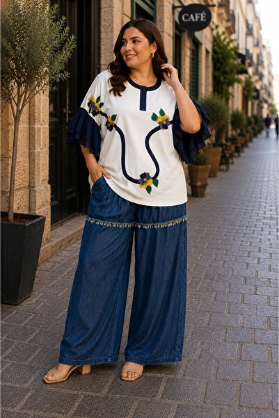 CALERA Plus Size Floral Applique Flounce Sleeve Blouse and Denim Pants Two-Pi...