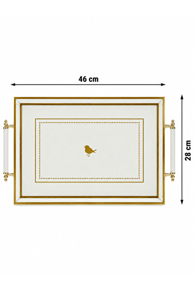Leila Kuş Figürlü Gold-Beyaz Çerçeveli Lüks Sunum Tepsisi 46x28 cm Gerçek cam