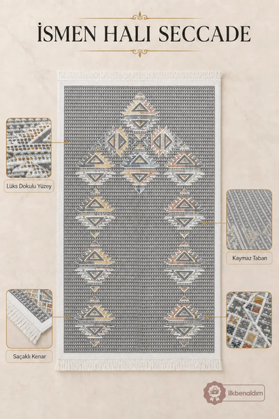 İlkbenaldim İsmen Halı Seccade Non-Slip Base Luxury Textured Fringed Prayer Mat