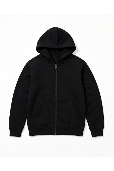 Yalçınoğlu Kids Çocuk Siyah Fermuarlı Kapüşonlu Sweatshirt Okul, Günlük Giyim ve Spor Kullanımına Uygun Rahat