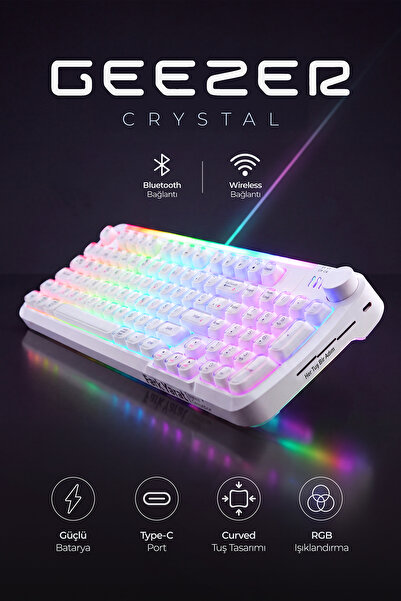 Geezer Crystal Kablolu/Kablosuz BT Wireless Bağlantı Türkçe Q Klavye Beyaz SK...