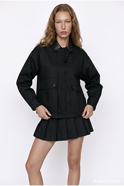 Quzu Leather Collared Zippered Oversize Jacket Black
