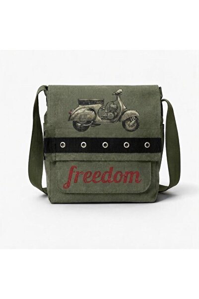 nesebutik Haki Freedom Baskılı Yuvarlak Kuşgözü Postacı Çanta-Dershane,Okul,K...