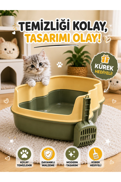 HAYHAYPETSHOP Kedi Tuvaleti Kürekli Açık Kedi Kum Kabı Yüksek Kenarlı Kumluk ...