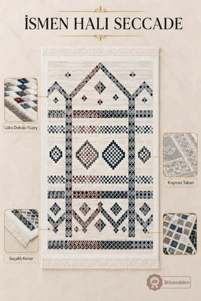 İlkbenaldim İsmen Halı Seccade Non-Slip Base Luxury Textured Fringed Prayer Mat