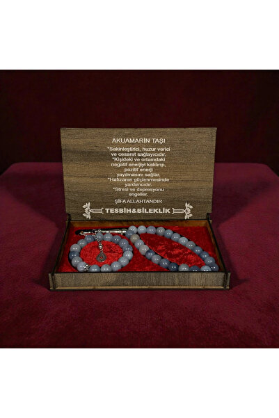 İlkbenaldim Natural Stone Prayer Beads & Bracelet Set – with Wooden Box - Aqu...