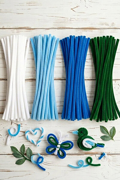 Bimotif Şönil Çiçek Yapım Kiti (Mavi Set) - 100lü Tüylü Tel Şönil + 40cm Çiçek Teli + 30m Çiçek Bandı