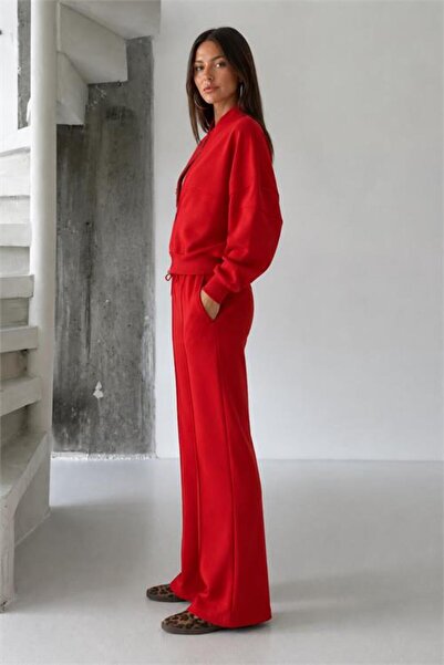 Neşeli Butik Women's Red Hooded Three-Thread Tracksuit Set Gts018