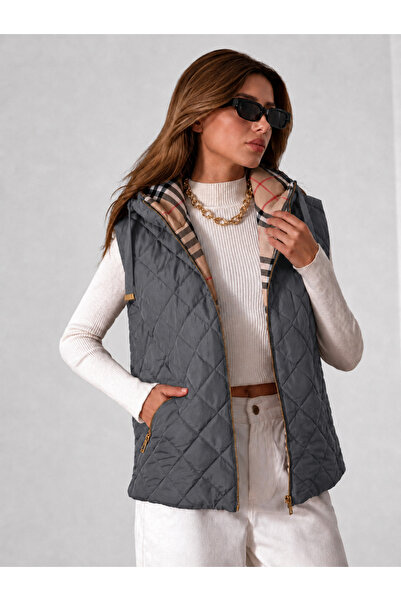 rota 360 Women's Hooded Plaid Lined Gold Zippered Quilted Puffer Vest