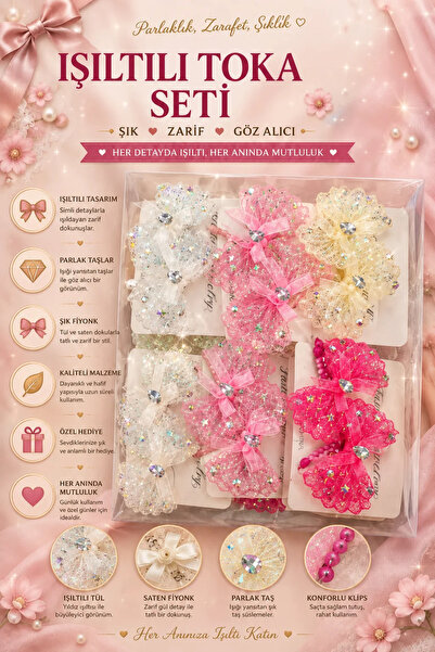 İlkbenaldim Stoned Sparkling Tulle Bow Hair Clip Set for Girls – Mixed Colors