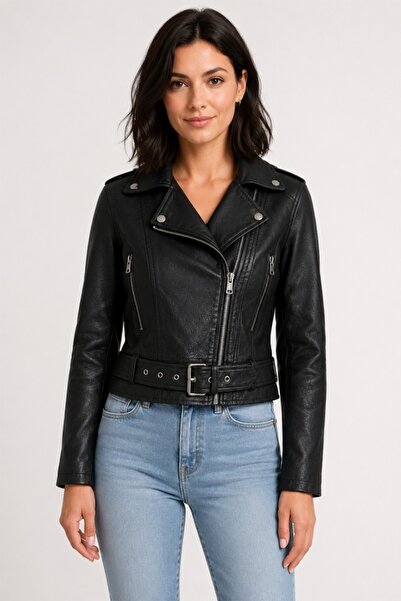 FashionForYou Short jacket MARATEA, faux leather and decorative belt, Black
