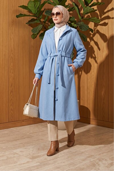 MODAQU Women's Belted Balloon Sleeve Cashmere Coat Blue