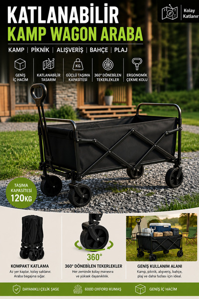 Realx Katlanabilir Portatif Çok Amaçlı Yardımcı Vagon Araba Kamp,Plaj,Market&...