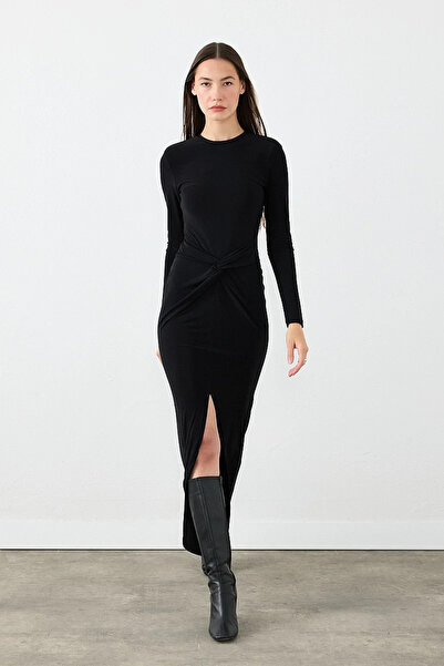 Gusto Knot Detailed Lycra Long Evening Dress - Black