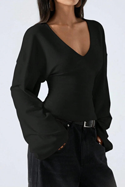 ecemore Women's V-Neck Long Sleeve Waist-Fitted Viscose Blouse