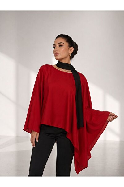 Olbia Women's Red Asymmetrical Satin Blouse with Scarf