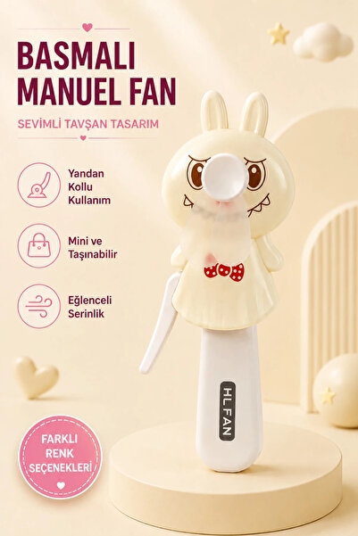 İlkbenaldim Tavşan Figürlü Basmalı Manuel El Fanı – Mini Taşınabilir Serinletici | Sarı