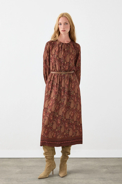 Gusto Belted Shawl Pattern Midi Dress - Brown