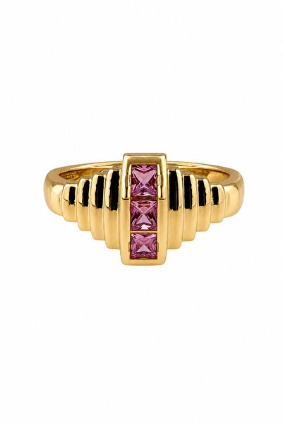 Jack Ferrero Yellow Tone Pink Stone Detailed Modern Design Steel Ring