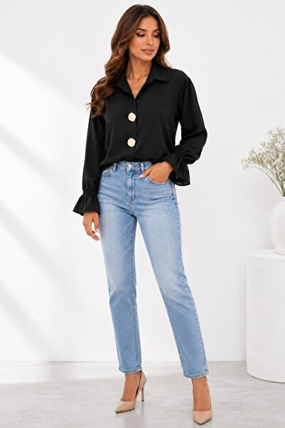 FashionForYou Office shirt, ladies MELISAN, with brooch buttons and basic, Bl...