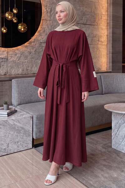 Salih Çelebi Belt Detailed Dress 0010-1 - Bordo