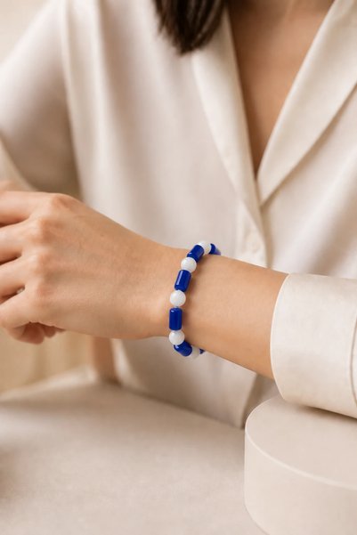 İlkbenaldim Double Color Onyx Natural Stone Cylinder Bracelet |   Stylish and Modern Unisex Bracelet - Navy Blue
