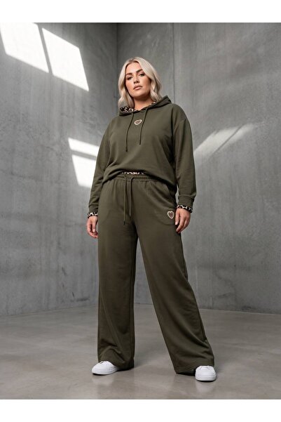 Koza Butik Women's Plus Size Long Sleeve Leopard Detailed Hooded Tracksuit Se...