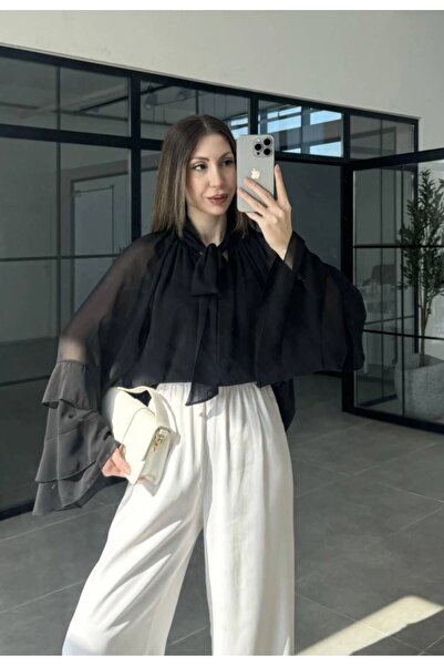 Olbia Women's Black Chiffon Blouse with Flounce Sleeves and Tie Collar