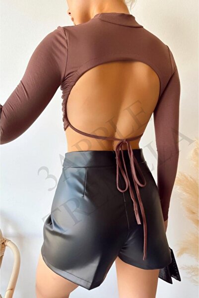 ladyzey Women's Brown Backless Half Fishnet Crop Top
