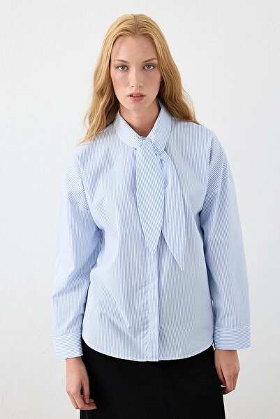 Gusto Striped Halter Neck Cotton Shirt - Blue