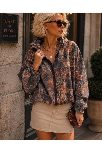 ibeeka Αδιάβροχο με Κουκούλα / Μπουφάν Bomber με Vintage Σχέδιο Heritage Print