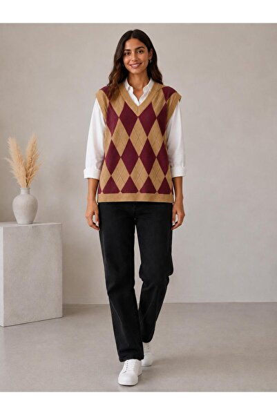 SFG Women's Acrylic Diamond Patterned Furry Collar Ribbed Knitwear Sweater Ov...