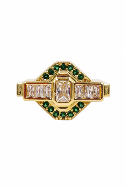 Jack Ferrero Art Deco Style Stylish Ring with Green and Transparent Stones in...