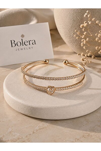 Genel Markalar Bolera Kalp Detaylı Çift Sıra Taşlı Gold Kelepçe Bileklik