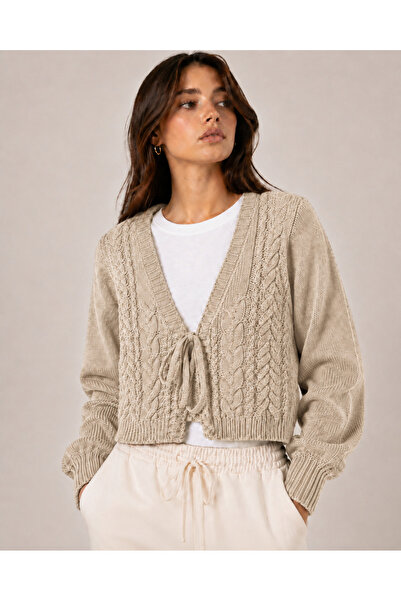 WE&ME Women's V-Neck Tie Hair Braid Patterned Long Sleeve Crop Knitwear Cardigan