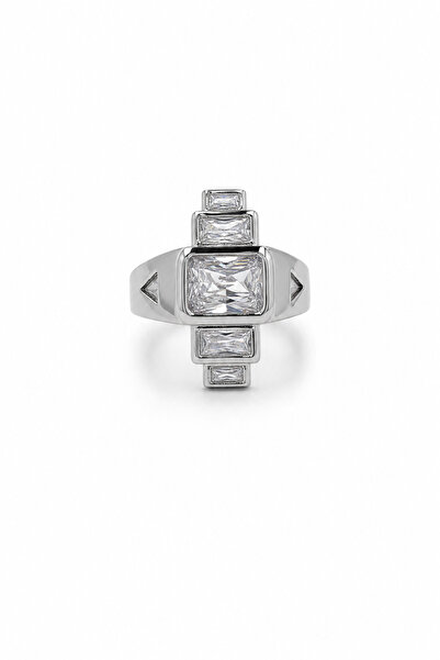 Jack Ferrero Modern Geometric Rectangular Zircon Stone Shiny Gray Steel Ring