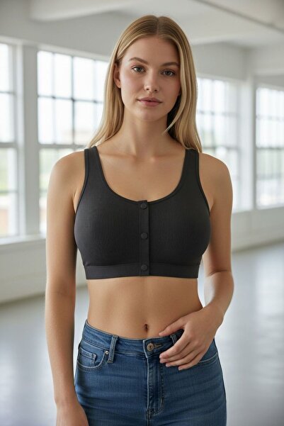 TooHot Women's Black Ribbed Crop Top Sports Bra with Snap Front