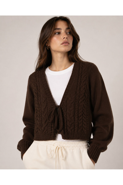 WE&ME Women's V-Neck Tie Hair Braid Patterned Long Sleeve Crop Knitwear Cardigan