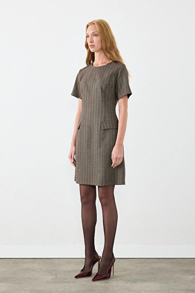 Gusto Round Neck Pocket Detailed Herringbone Sequin Mini Dress - Brown