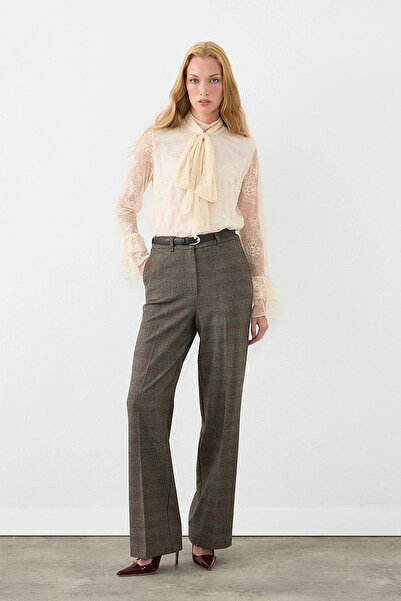 Gusto Plaid Patterned Straight Fit Trousers with Belt - Brown