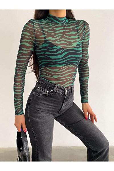 ladyzey Women's Green Zebra Stand Collar Long Sleeve Tulle Blouse