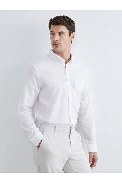 LC Waikiki Lcwaikiki Classic White Regular Fit Linen Blend Men's Basic Shirt