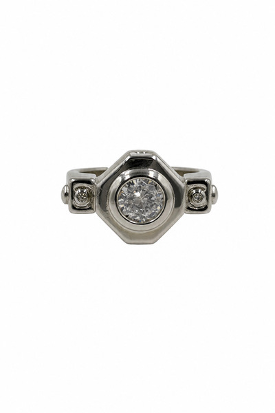 Jack Ferrero Modern Geometric Design Gray Steel Ring with Transparent Stone D...