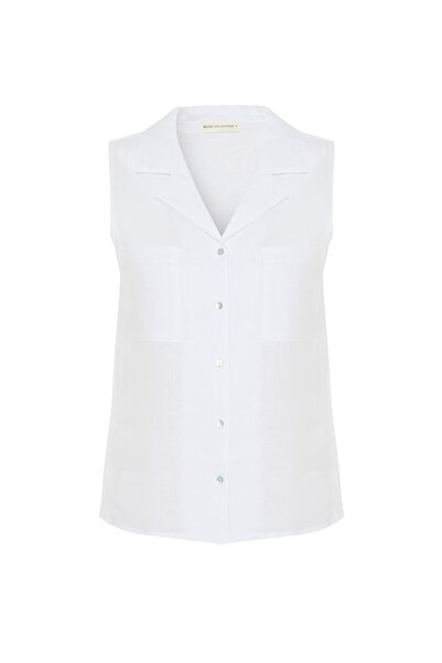 Mudo Women's White Resort Collar Sleeveless Linen Shirt