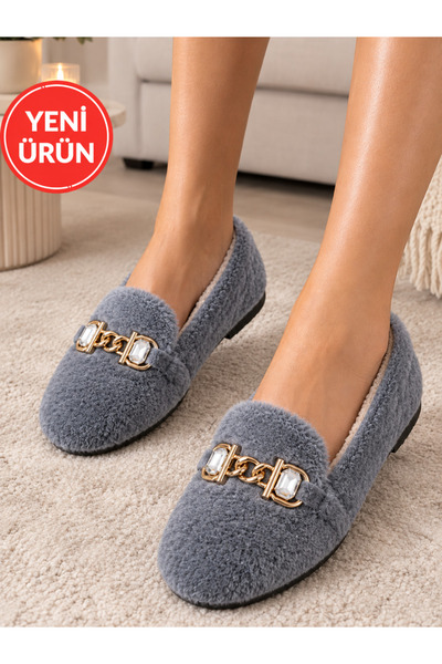 STOCON Luna Stone Chain Detailed Plush Women's Home Shoes Home Slippers Dowry...