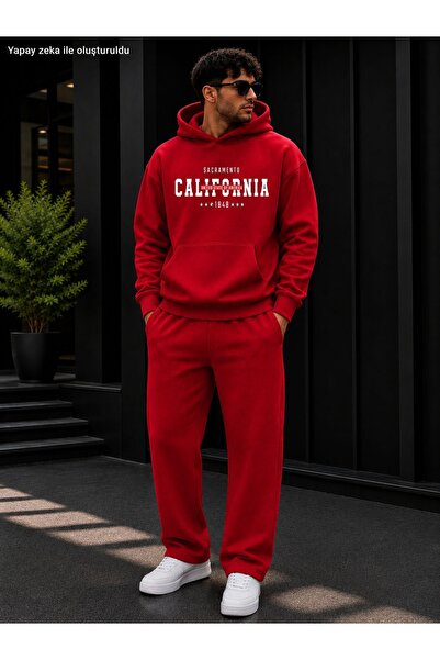 caddekombin Men's Sacramento California Printed Tracksuit Set / Hooded Kangar...