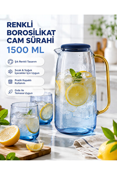 CAMBUM Cambu Renkli Borosilikat Cam Sürahi 1500 ml – Kapaklı, Kulplu Su ve So...