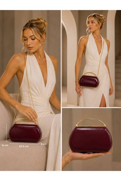 womenacs Burgundy Color Rustic Material Design Evening Dress Clutch Chain Str...