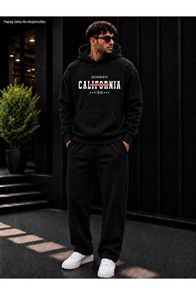 caddekombin Men's Sacramento California Printed Tracksuit Set / Hooded Kangar...