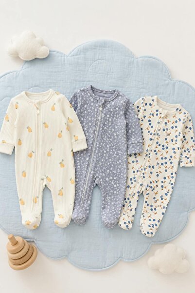 KUZENLER BEBE BEBEK %100 PAMUKLU YENİDOĞAN FERMUARLI 0-3 AY PATİKLİ ÜÇLÜ TULU...